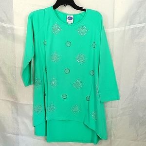 DG² by Diane Gilman aqua/light teal knit tunic top with front embellishments.